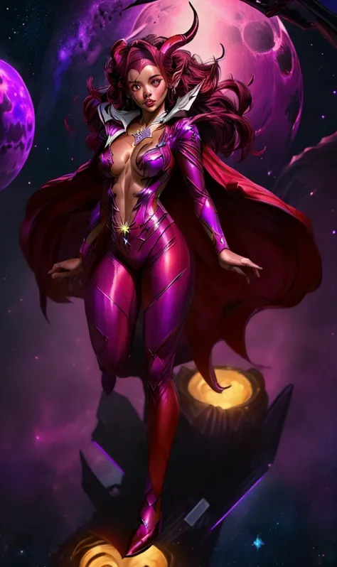 ((stsapph2024)) a beautiful((jenna_ortega_v3 )) (tiefling colored skin, horns, pointy ears  )) with ((red skin)), curly red hair, (((wearing a violet suit))), floating in space, 5 detailed fingers, high quality, masterpiece, photorealistic, raw photo, dept...