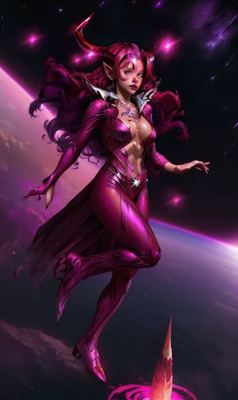 ((stsapph2024)) a beautiful((jenna_ortega_v3 )) (tiefling colored skin, horns, pointy ears  )) with ((red skin)), curly red hair, (((wearing a violet suit))), floating in space, 5 detailed fingers, high quality, masterpiece, photorealistic, raw photo, dept...