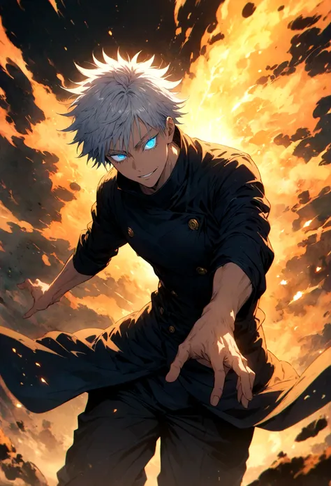 (1 male,satoru gojo,jujutsu kaisen,gray hair,spiky hair),(gojo satoru costume details:black clothes with a high collar,black bli...