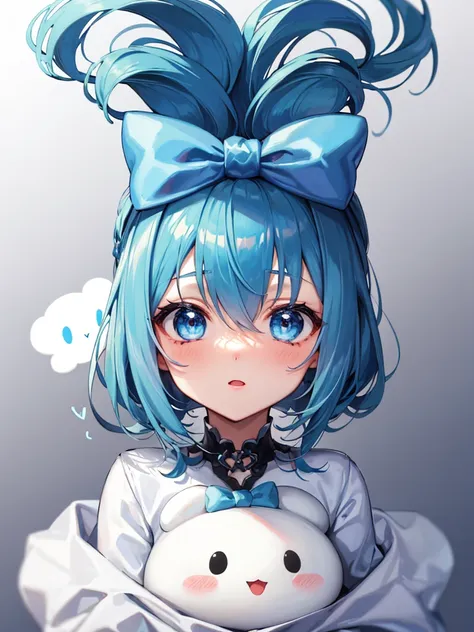 1girl, solo, , blue hair, blue eyes, hair rings, hair bow, blue bow, (cinnamoroll, tied ears),, (((light blue long hair))), long...