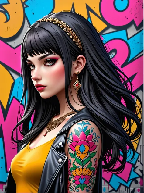 Punk style, Fantasy Gothic, 1girl, A Middle Eastern girl, Princess，Skin covered with brightly colored tattoos，Her beauty is mesmerizing，Exuding a fierce atmosphere similar to that of a real street gang，Her outfits were inspired by royal attire，She has flow...