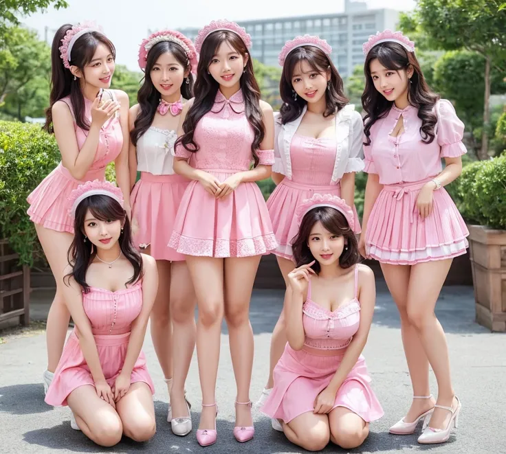 1 Arafad image of a group of Asian women posing for a photo，（pink color），cgstation trends，pink color皮膚，cgstation trends，pink color幫派肖像，January），ulzzang，（pink color），maid outfit, Trending on bbwchan, yanjun Chengt, Girls Generation, 淡pink color膚色，summer，Sho...