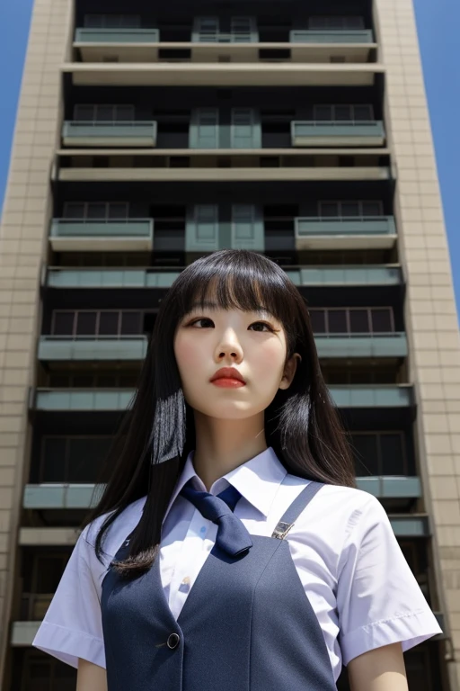 fantastic realism，高度Detailed footage of the giantess，Detailed footage of the giantess，giantess art，Surreal主義，schoolgirl，Wear short sleeves，across the building，Surreal，Ant personification，contrast giant，Ant personification，contrast giant