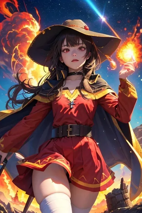 masterpiece, highest quality, Super detailed, figure, amazing lighting, Cinematic composition, One girl, Megumin, Meguminのスタイル, Big hat, Cape, Small breasts, Bandaged leg, Single knee socks,Left black knee socks, alone, (Red eyes:1.2), (Glowing Eyes:1.1), ...