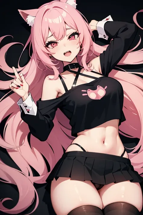 Extremely sexy girl with ahegao face with long pink hair and cat ears, wearing a black top with a sweetheart cutout in the middle. She wears a black pleated skirt with white stripes, black stockings and a black collar around the neck