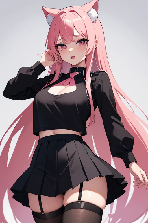 Extremely sexy girl with ahegao face with long pink hair and cat ears, wearing a black top with a sweetheart cutout in the middle. She wears a black pleated skirt with white stripes, black stockings and a black collar around the neck