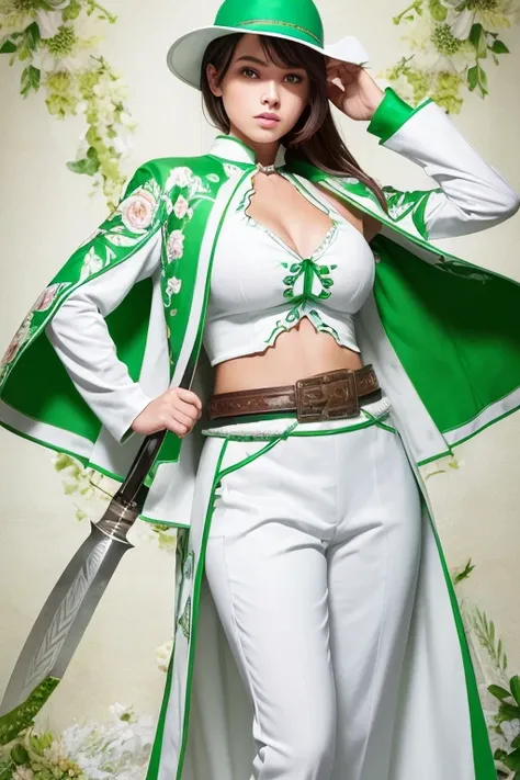 A female knight holding a sword in her left hand，He is wearing a white floral long-sleeved suit and fitted white pants.，She is wearing a green floral vest, Her belly is slightly exposed and she has a trowel on her arm..She is wearing a green floral cape, G...