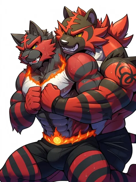 Two male fighters(Incineroar vs Incineroar, handsomes, perfect eyes, Thick eyebrows), gay(kneeling, holding from behind and his neck, in a MMA match), hot(Both are Shirtless, full body, bulges), handsomes(They are handsomes, correct anatomy), musculosos(Bi...