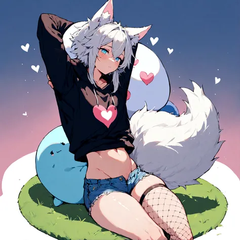 a cute adult male with wolf ears, white hair, has a wolf tail, wearing a loose cropped oversized black hoodie, wearing a pair of denim short shorts and fishnet stockings, thick thighs, wide hips, relaxing on mound of fluffy multi colored kawaii plushies, s...