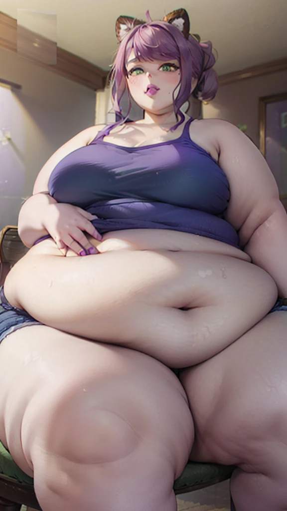 Obese woman, long messy purple hair, green eyes, large breasts, fat belly and thick lovehandles, chubby thighs, skintight dark blue tanktop with denim shorts m, sitting in a gaming chair, fatass, rubbing her stuffed belly, horny, glutton, fat face, seducti...