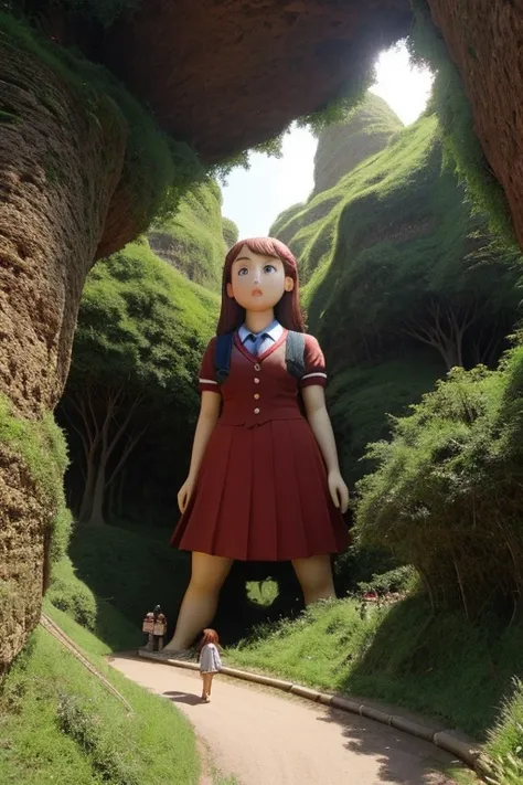 fantastic realism，The female giant bravely enters the Lilliputian country，高度Detailed footage of the giantess，Detailed footage of the giantess，giantess art，schoolgirl，Short sleeve，（（（Lots of little people interacting with giants）））