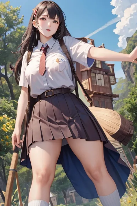 fantastic realism，The female giant bravely enters the Lilliputian country，高度Detailed footage of the giantess，Detailed footage of the giantess，giantess art，schoolgirl，Short sleeve，（（（Lots of little people interacting with giants）））