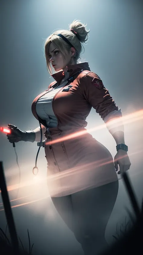 Silent hill, night, fog, huge woman nurse, strong stance 