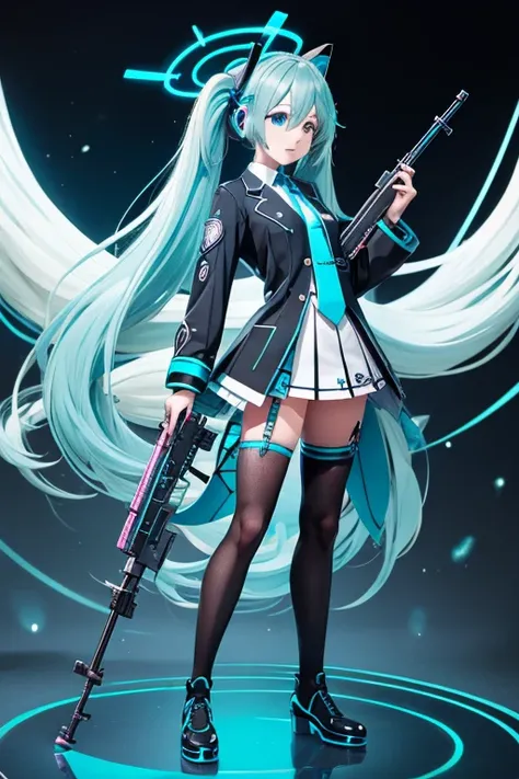 (full body) hatsune miku in  uniform with a shotgun