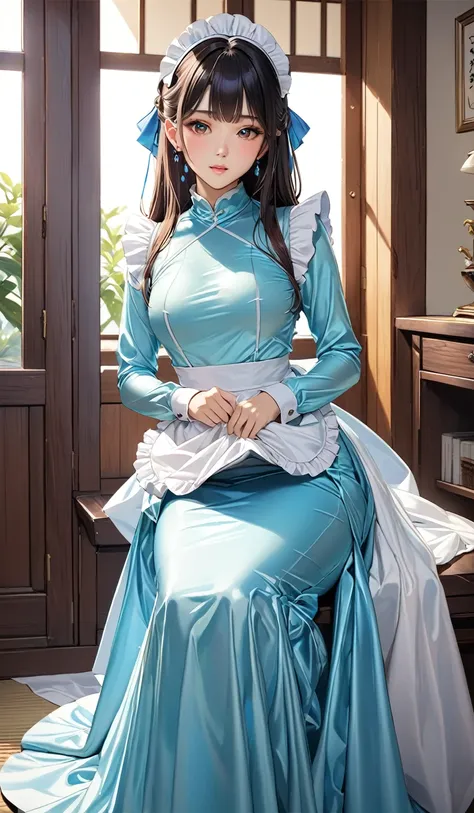 (masterpiece,highest quality,超A high resolution),Japanese women, (((Very beautiful 25 year old girl))), pretty girl、The maid dress completely covers the body, leaving the chest uncovered..、(Shiny light blue long sleeve maid dress)、High neck shirt、Mermaid-s...