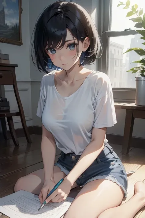 the masterpiece， Best quality at its best，((Background with：Inside the room)，1 girl with very large breasts，short black pixie hair，White T-shirt, blue denim shorts，lying on the ground，holding a pencil, write on a piece of paper，Realism style，