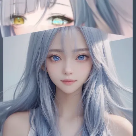 anime girl with blue eyes and long hair with a smile on her face, detailed anime soft face, kaworu nagisa, close up at face, anime eyes, middle close up shot, it has a piercing gaze, huge anime eyes, tsurime eyes, handsome anime eyes, close up of a young a...