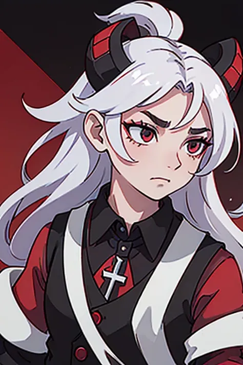 man with pale skin, crimson eyes, a bit long white hair and black goat-like horns and a manly, badass face. wearing a red shirt rolled up to the elbows, with a black dress vest buttoned on top, with black dress pants with a black tail that ends in a red tr...