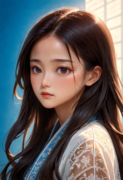 A beautiful Korean woman with long hair, very detailed closeup of her face and lips, in an ethereal style, featuring shadows, warm tones, a hazy background, blue backdrop, cinematic atmosphere, photorealistic, hyperrealistic, cinematic composition, extreme...