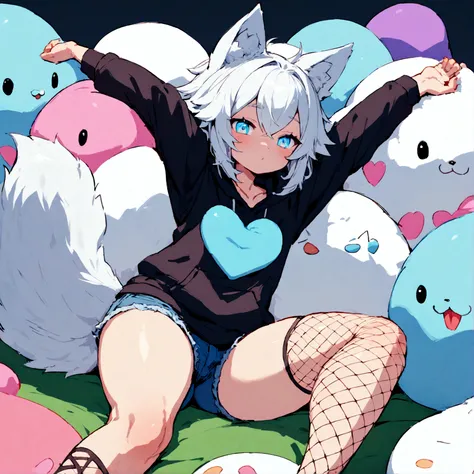 a cute adult male with wolf ears, white hair, has a wolf tail, wearing a loose cropped oversized black hoodie, wearing a pair of denim short shorts and fishnet stockings, thick thighs, wide hips, relaxing on mound of fluffy multi colored kawaii plushies, s...