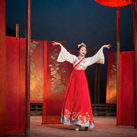 Chinese beauty in white dress，Beautiful lady standing in front of red stage,Dancing in ancient Chinese clothes, Chinese Clothing, Chinese hip-hop dance, 穿着Chinese Clothing, Red gorgeous stage，The light is particularly good under the sunset, the princess is...