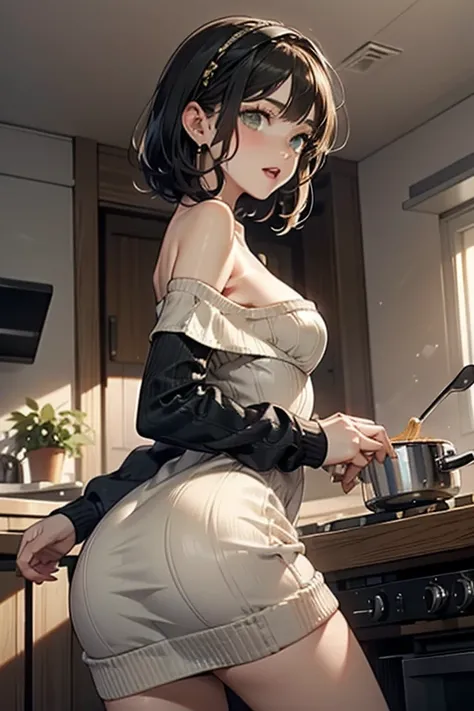 (small breasts:1.3), (perky chest:1.1), (pointed chest:1.0), (Carbonara Pasta magazine cover:1.3)，(from below:1.0),(from side:0.9),masterpiece, 1girl, Amazing Cleavage:1.1, thin waist, big ass, Raised sexy, small breast: 1.3, posed cleavage:1.2、solo, looki...