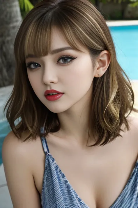 nsfw,8k,ultra-detailed,best quality, masterpiece, ultra high res, (photorealistic:1.4), RAW photo,looking at viewer,1 woman,20year-old,(((Cute face))),,makeup,(lipstick:1.1),(eyeliner:1.2),mascara,eyeshadow,,,(blonde and brown hair),short hair,wavy hair,,a...