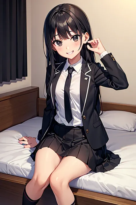 (((pixel-perfect, detail-perfect))), solo, 1girl, Rin Kimura, bedroom, black eyes, black hair, long hair, jacket black, shirt white, black tie, skirt black, shoes black, socks white, smile, grin