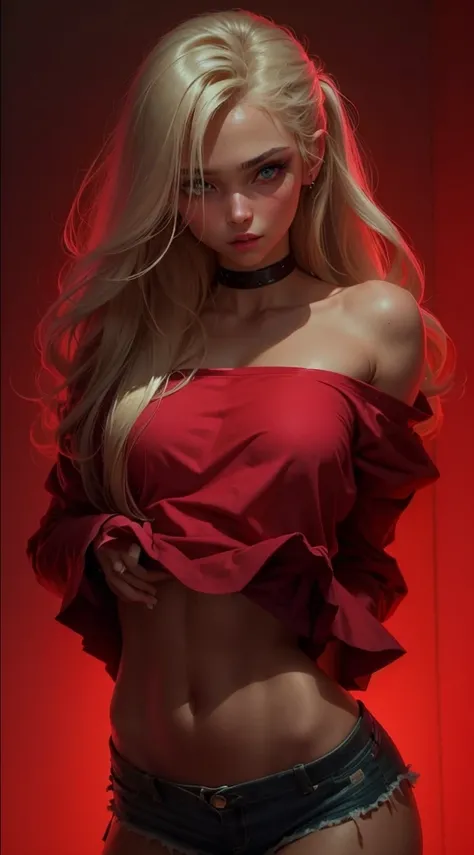  Beautiful girl , sexy slim fit body,   long blonde  hair ,  crop top, gorgeous  eyes  , pink rogue lips , blushed cheeks , Soft skin 