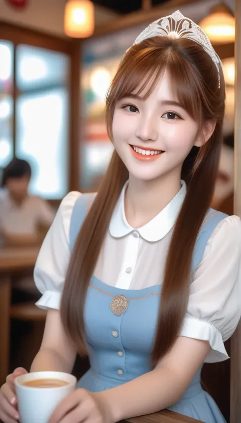 a, like girl cute of a smiling 22-year-old girl sitting inside a milk tea shop the  with a round face and an innocent smile with...