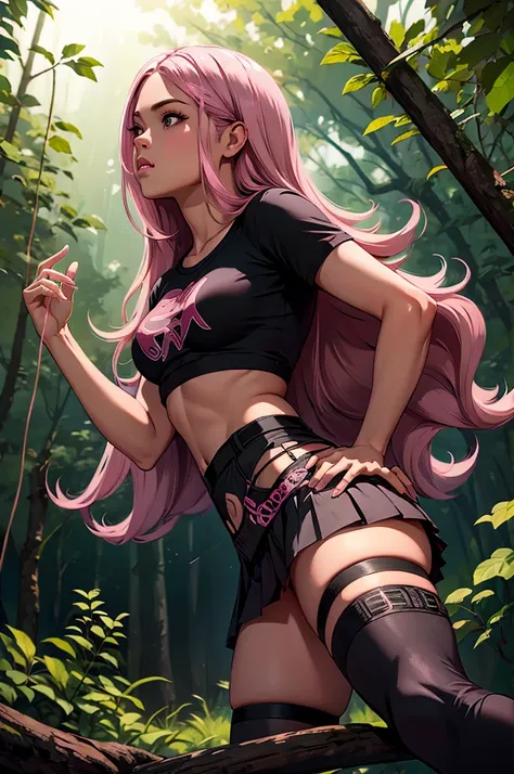 ((Black pink pink)), small white t-shirt, Little blue pleated skirt, pink panties, black high heels, close-up from hips to face, shot from below, very light skin, Very long hair, Wavy hair, Camping, the forest, Photorealistic, indirect lighting, volumetric...