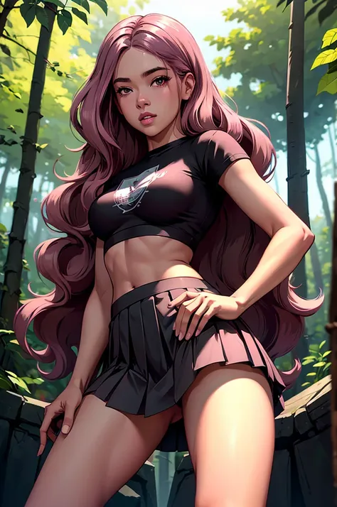 ((Black pink pink)), small white t-shirt, Little blue pleated skirt, we are panties, black high heels, close-up from hips to face, shot from below, very light skin, Very long hair, Wavy hair, Camping, the forest, Photorealistic, indirect lighting, volumetr...