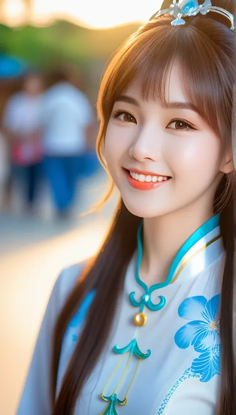 Ah, like the cute girl of the 22-year-old smiling CG cosplay Vietnam Airlines employee with a round face and innocent smile wearing a white Vietnamese ao dai outfit seen on the shirt with outstanding cartoon patterns with long light reddish brown hair High...