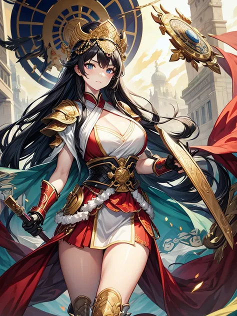 Three Kingdoms style, female warrior, beautiful face, Armor, voluptuous, black hair