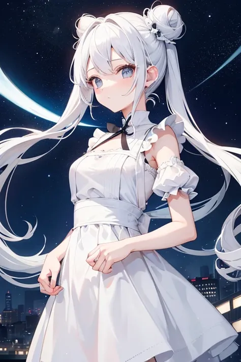 A girl with white hair in two buns in a pure white mini wedding dress.。The background is the night sky on the rooftop。Age: about 16 years old。