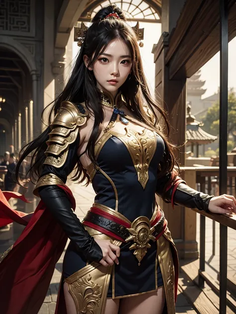 three kingdoms style, female warrior, beautiful face, armor, voluptuous physique, black hair