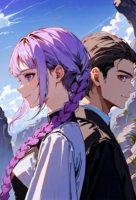 Two people, One girl and one guy, good looking, Girls Double Braids, White to purple gradient hair, smiling, Back to Back, Profile, side by side on a rocky cliff, Next Generation, Genesis Background, ƒ/1.9, 8k, UHD, highres, best quality, high details