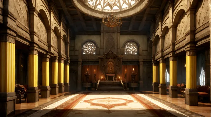  anime aestrrics, game render, anime lanscape, nord architecture, hall of fame, banners on the wooden collumns, fireplace iin the center, throne room, throne on the back of the room, heroic atmosphere, ornate carpet on the floor, dining hall, jarls keep, w...