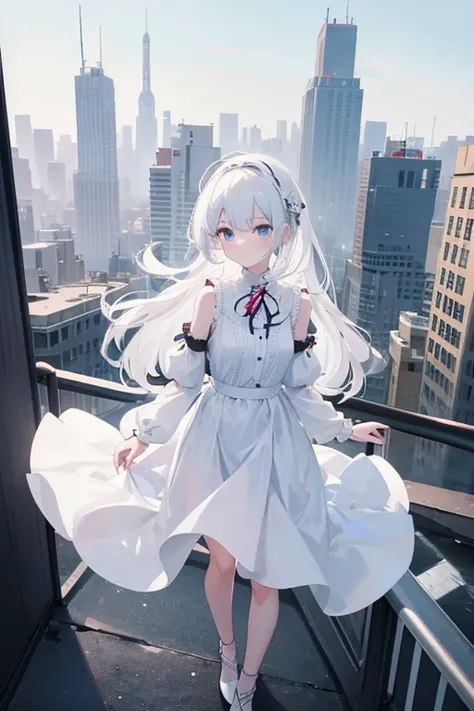 An albino girl in a pure white dress about to jump off a rooftop in the city。