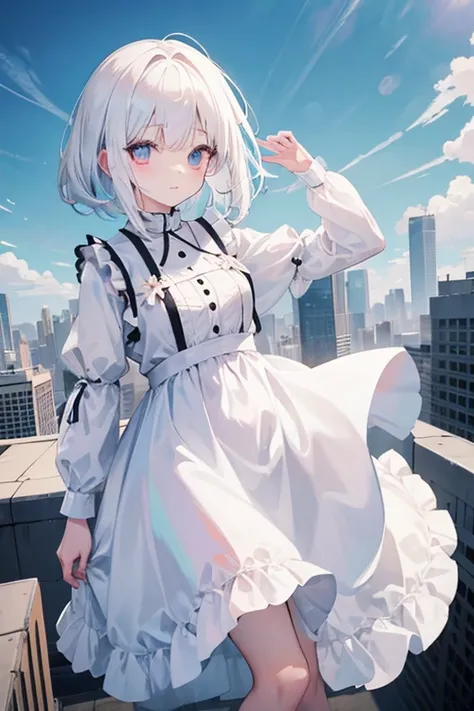 An albino girl in a pure white dress about to jump off a rooftop in the city。