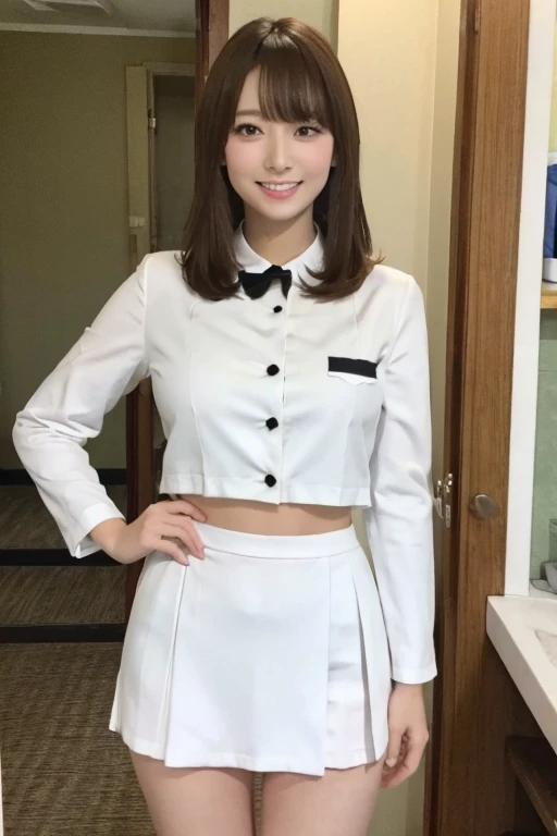 Gravure idol pose　Hotel　uniform　White clothes　high resolution　Not too small bust　Black Mini Skirt　Skirts should be shortened