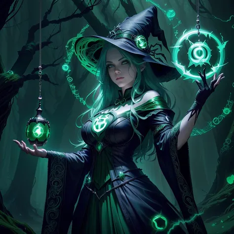 witches in the forest，with a glowing green lantern, dark fantasy style art, dark fantasy artwork, 2. 5d cgi anime fantasy artwor...