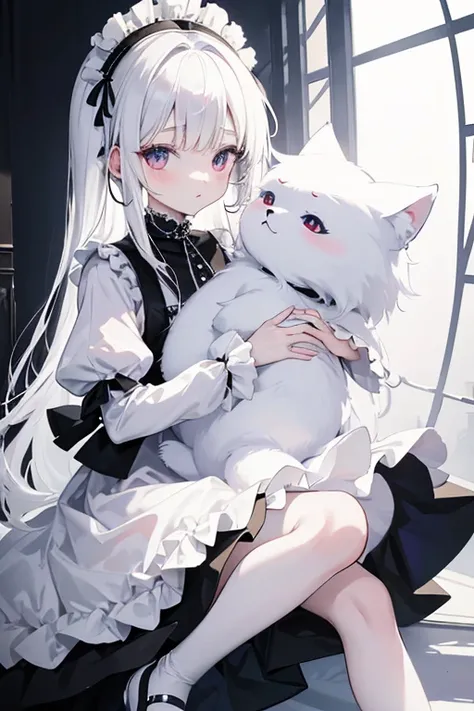 Albino 。Wearing a Gothic Lolita dress。He is holding a large husky in his arms.。Everything is pure white。The dress is also white。My hair is white too。Shoes too、Skin too、The dress is also white。Her face is kind and cute with slightly droopy eyes.。Really cute...