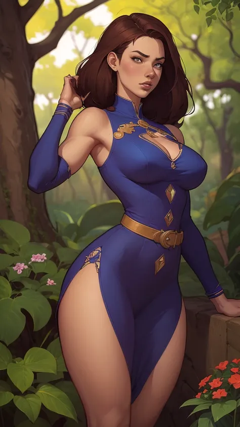 uma mulher de vestido azul segurando uma vara de madeira em uma floresta, alena aenami e artgerm, artgerm detalhado, artgerm e a...