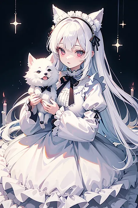 Anime Albino 。Pure white dress。Dressed like a princess。He is holding a big husky dog in his hands。She really does look all white.。A bit of a gothic lolita vibe。A dress, not a maid outfit。A pure white wedding dress with lots of ribbons and frills。
