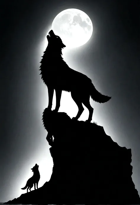 White silhouette design of a single wolf，Silhouette on the edge of a cliff，Wolf howl：1.5，Black Background，Beautiful silhouette，Biologically correct