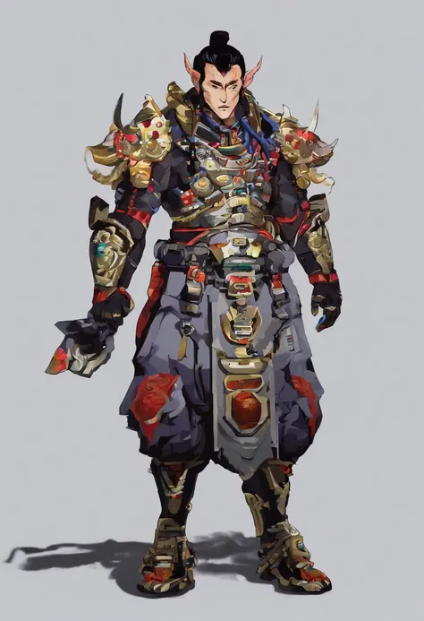 Ancient Chinese man in armor、Clever man、Looking into the camera、His hair is in a bun、Only one topknot、Black Hair、Stand and pose、Pixel art、(masterpiece, highest quality, highest quality), pixel,pixel art,whole body,Characters in Romance of the Three Kingdom...