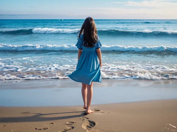 Girl standing on the seashore, watching, how the waves gently roll onto the snow-white sand. A light sea breeze plays with the girl&#39;s long brown hair