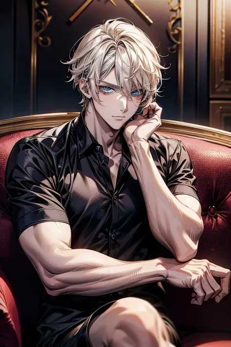 Anime handsome man wearing a black shirt sitting on a white sofa,Adult,Dynamic pose，Handsome anime style，Blue Eyes，High Quality Anime Portraits,((Fine grain,Beautiful Face))