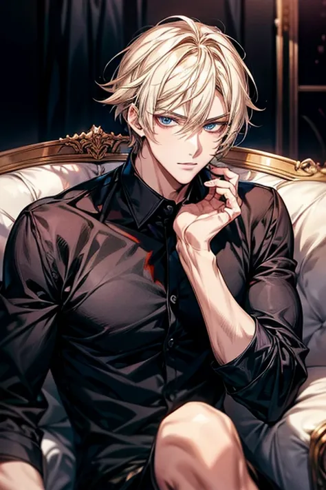 Anime handsome man wearing a black shirt sitting on a white sofa,Adult,Dynamic pose，Handsome anime style，Blue Eyes，High Quality Anime Portraits,((Fine grain,Beautiful Face))